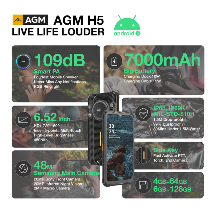 AGM H5 | Android 12 | Rugged Smartphone | 109dB Loudest Speaker | US warehouse