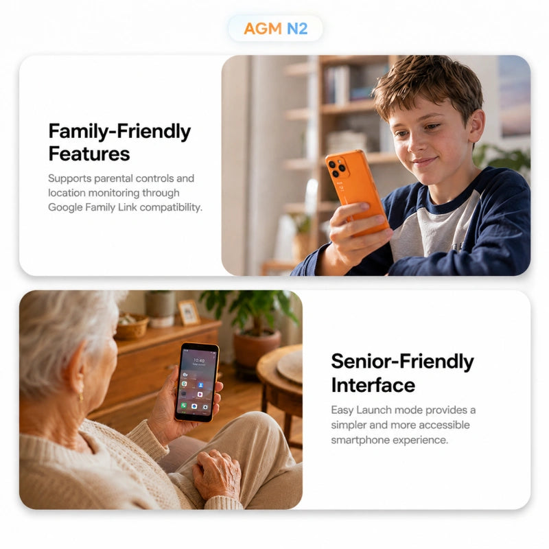 AGM NOTE N2 | 4.96″ Small Android Smartphone | Removable Battery | Android 16 Go | Pocket-Friendly Design | IP54 Splash Protection