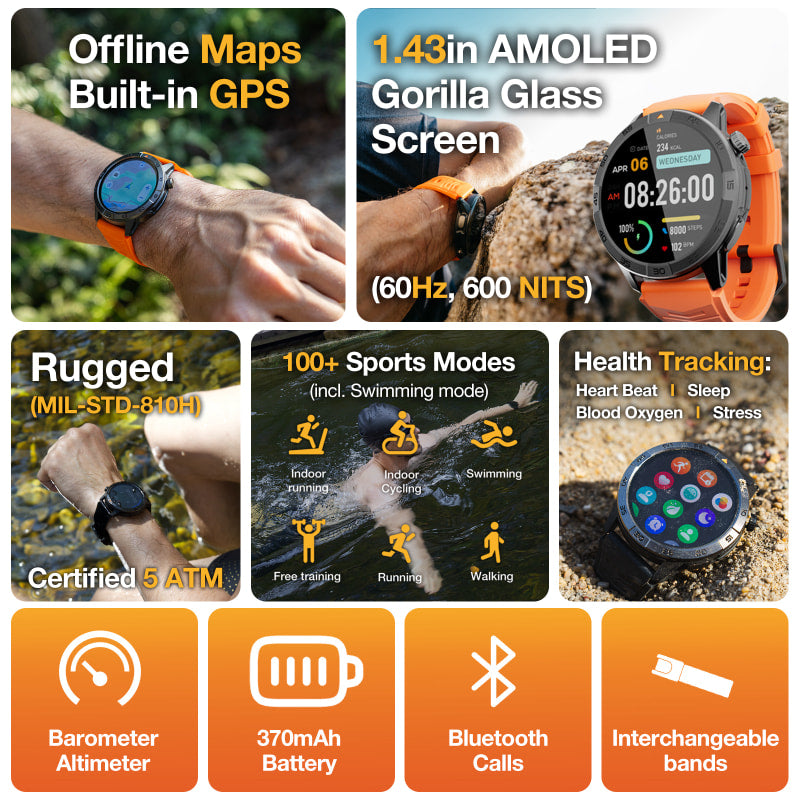 AGM Legion Pro | GPS | Offline Map | 5ATM | IP68 Waterproof | 100+ Sports Modes | Smart Watch