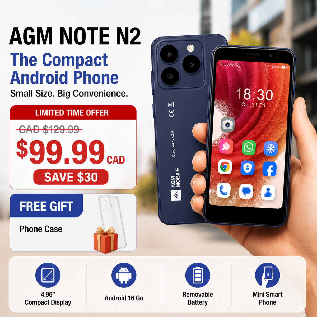 AGM NOTE N2 | Small Android Phone | 4.96" Compact Smartphone | Removable Battery | Android 16 Go | Pocket-Friendly Design | IP54 Splash Protection